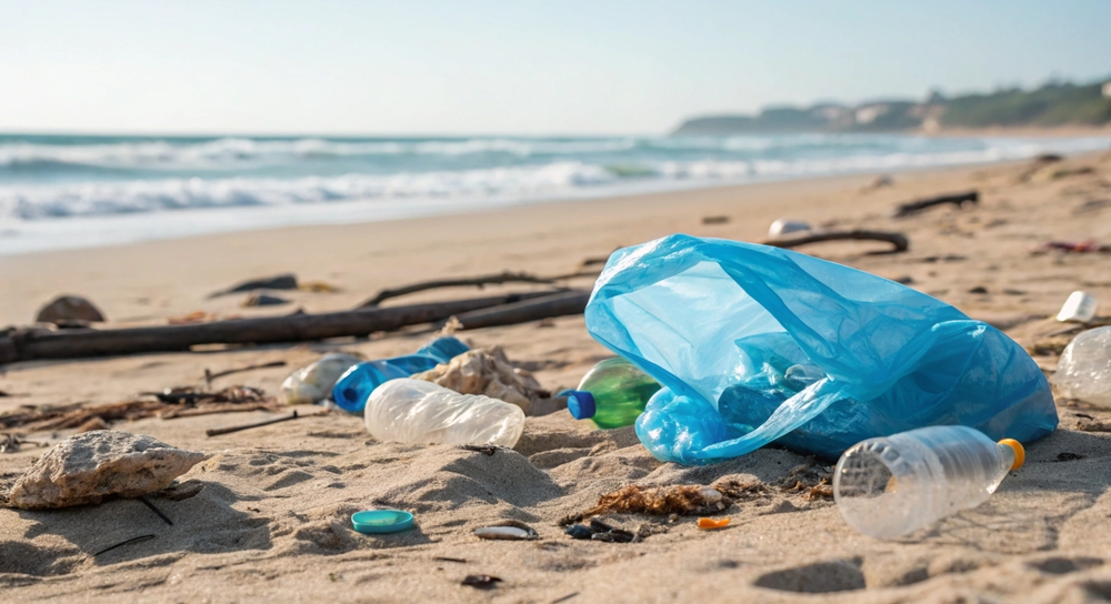 海岸に打ち上げられたペットボトルなどのプラスチックごみ