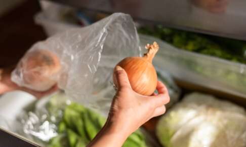 冷蔵庫の野菜室から玉ねぎを取り出す手元