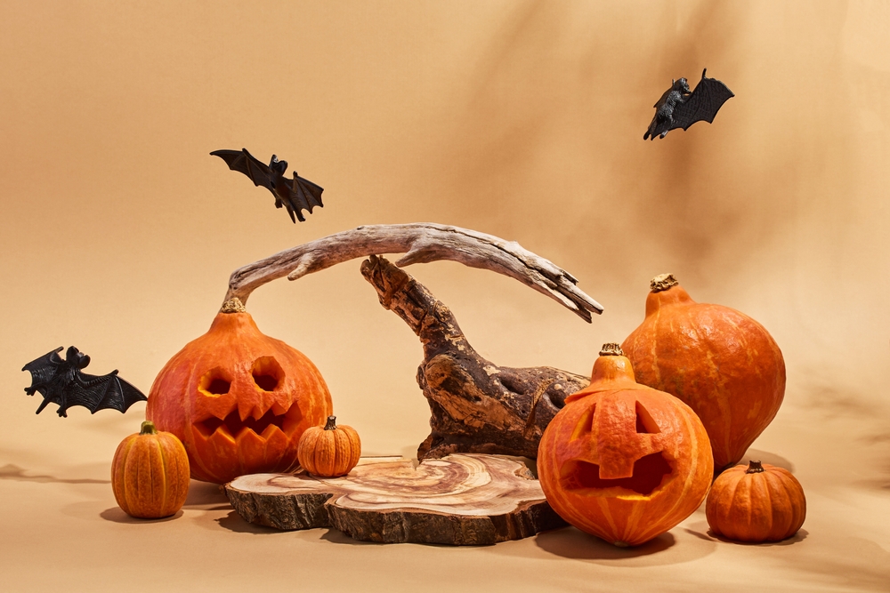 くり抜いたかぼちゃのランタンと、流木や木を使ったナチュラルなハロウィン装飾